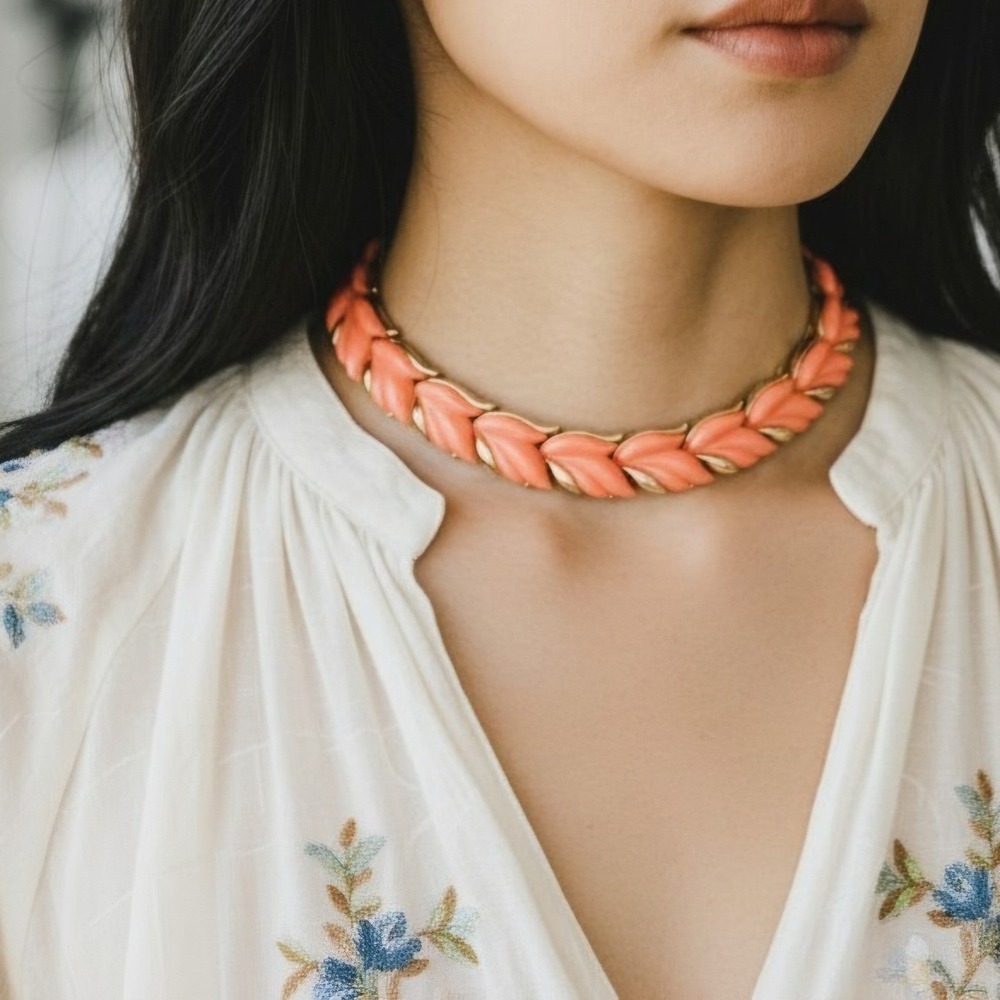 Vintage Dafri Orange Thermoset Lucite Leaf Choker Necklace Mid Century MCM 15"